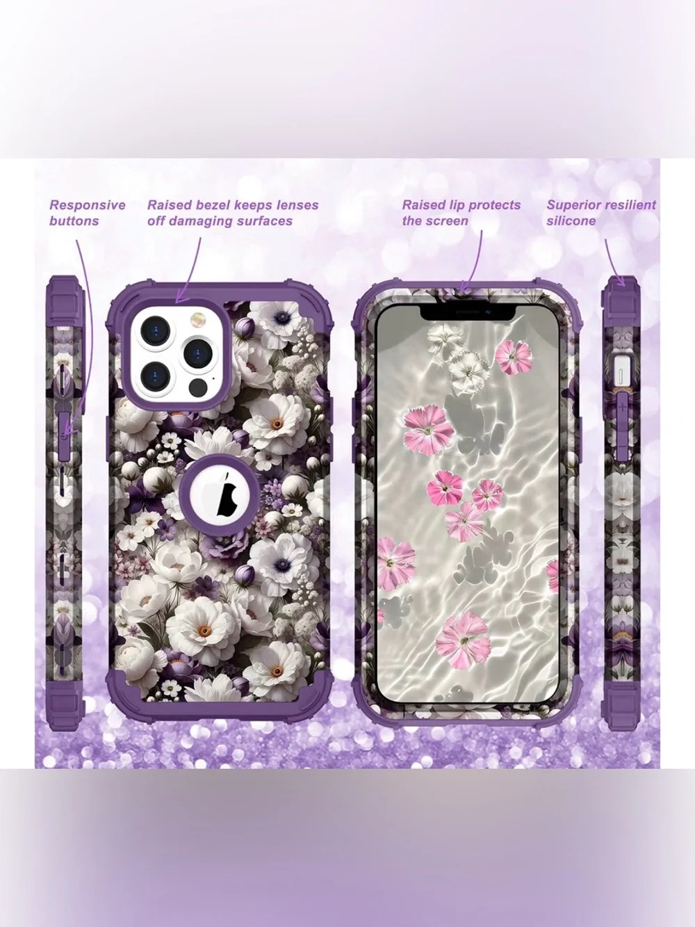 Floral Heavy Duty Phone Case for iPhone 13 Pro Max - Purple Floral shockproof